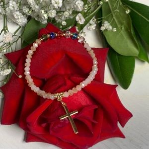 Beautiful Dainty Cross bracelets. In pink and  gold beading